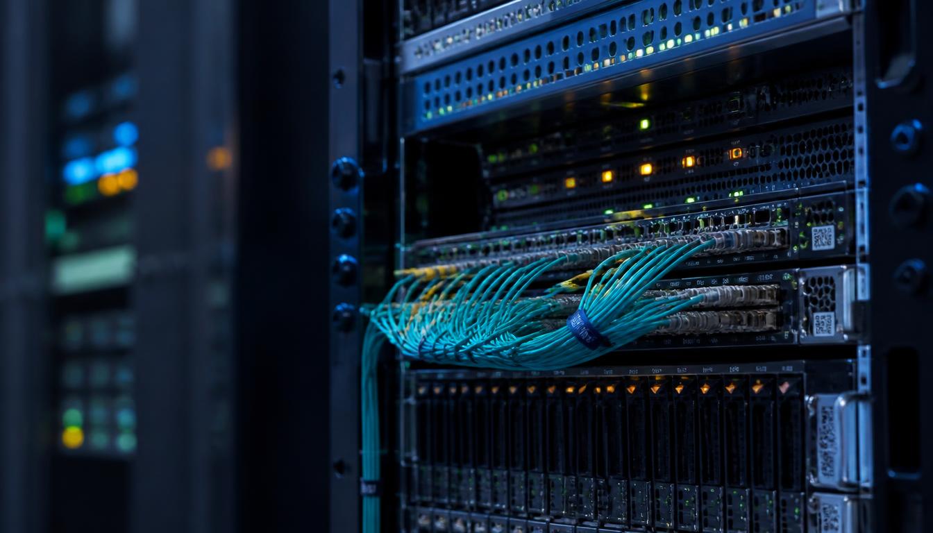 Serverový rack s optickými káblami v dátovom centre