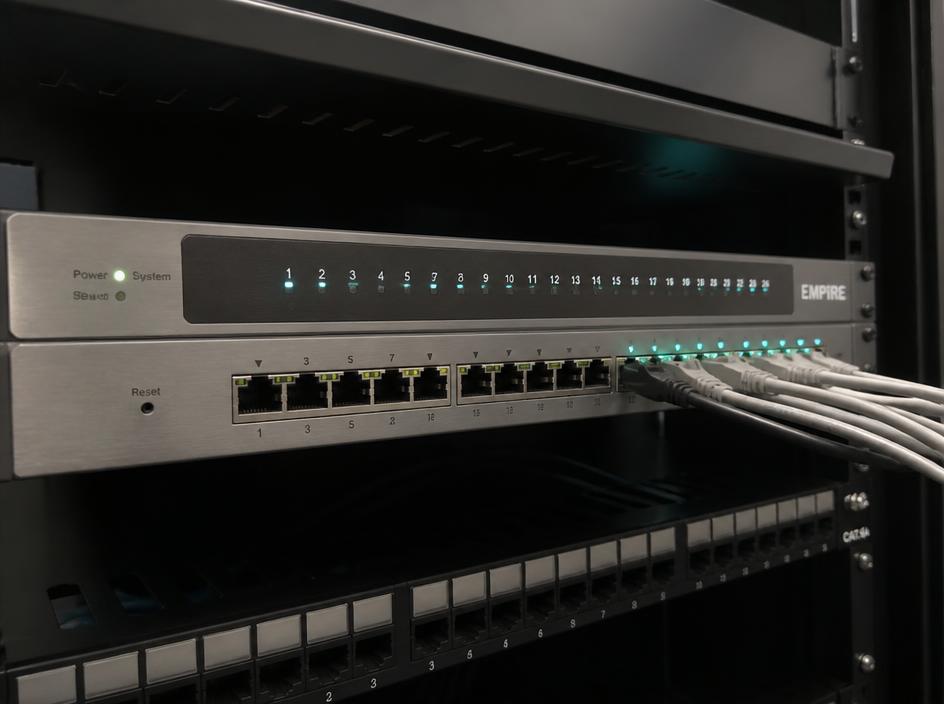 Sieťová infraštruktúra so switchom, routerom a servermi
